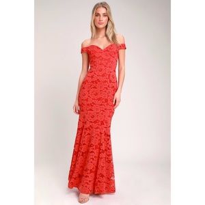 Lulu’s Red Lace Off-the-Shoulder Maxi Dress